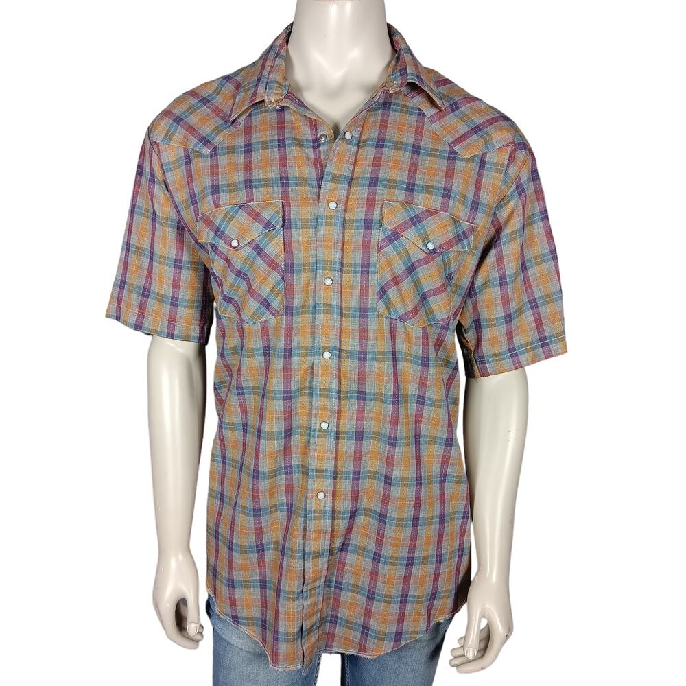 Vintage Saddlebrook Westernwear Shirt Size XL Plaid Lilac Yellow Short Sleeve